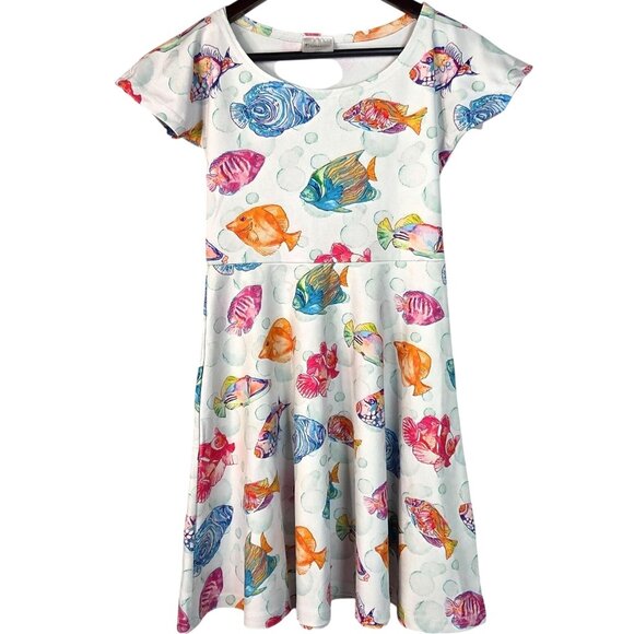 Cow Cow Other - COW COW Girl's White Ocean Fish Beach Print Short Sleeve Skater Dress Size Small